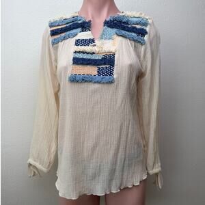 Pepin Blouse Cream Boho Gauze V Neck Tunic Women US XS